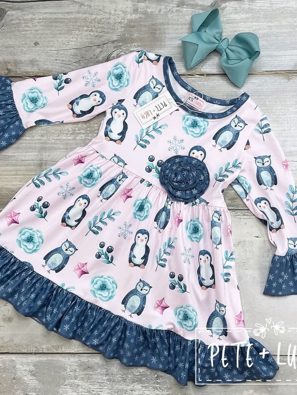 Girls Pink Penguin & Floral Long-Sleeve Dress with Navy Trim